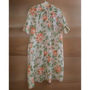 VTG Smart Time House Dress Womens Sz L 12 Snap Front Floral Peach Grannycore